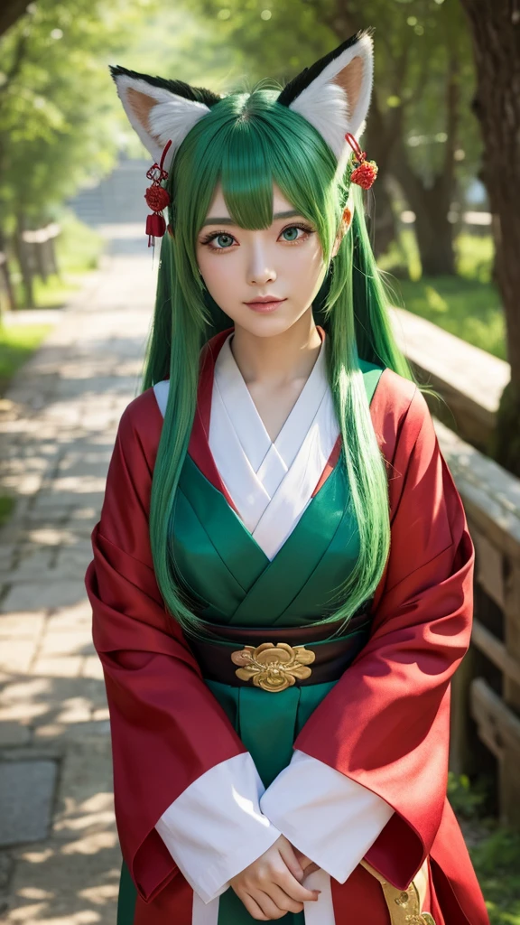 Green Hair、Fox ears、Japanese、Shrine maiden outfit、8k、3d