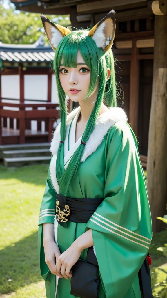Green Hair、Fox ears、Japanese、Shrine maiden outfit、8k、3d