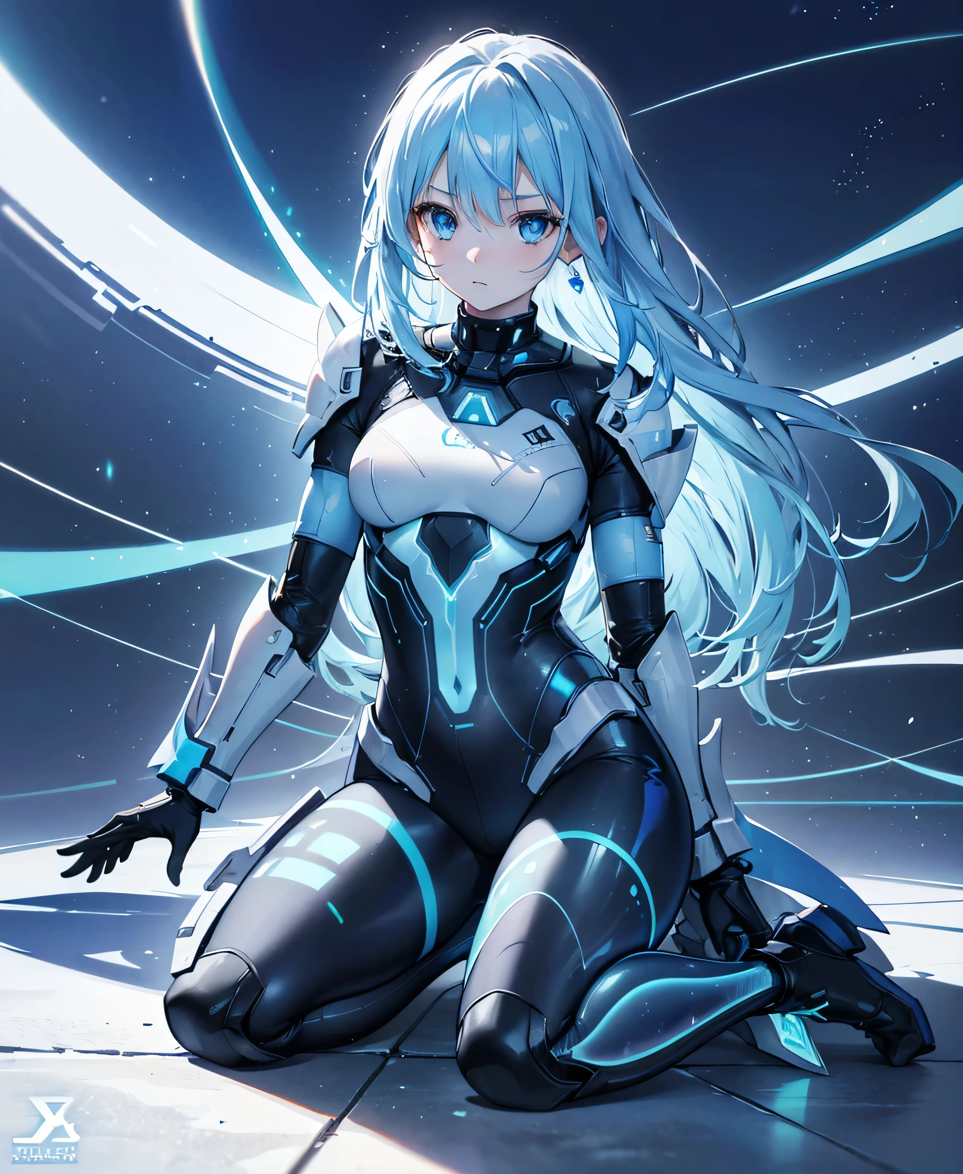 ((Holographic glow effect)),8k, Highest quality, (real:1.4), Original photo, 1 girl, Asari Hair, Biological Amplifier, refined armor, posture: Peace talks between warring factions, smart blue eyes,whole body