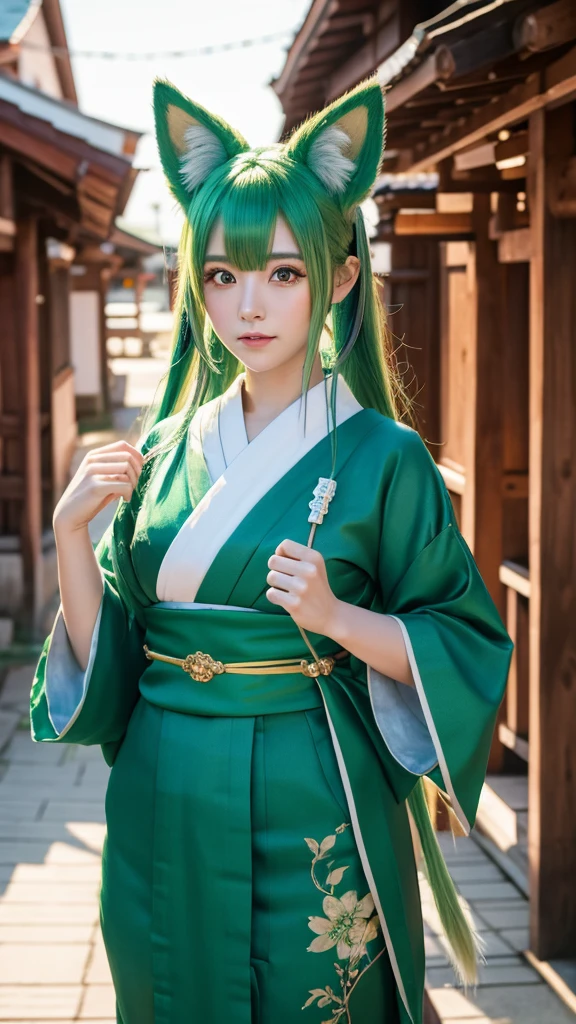 Green Hair、Fox ears、Japanese、Shrine maiden outfit、8k、3d
