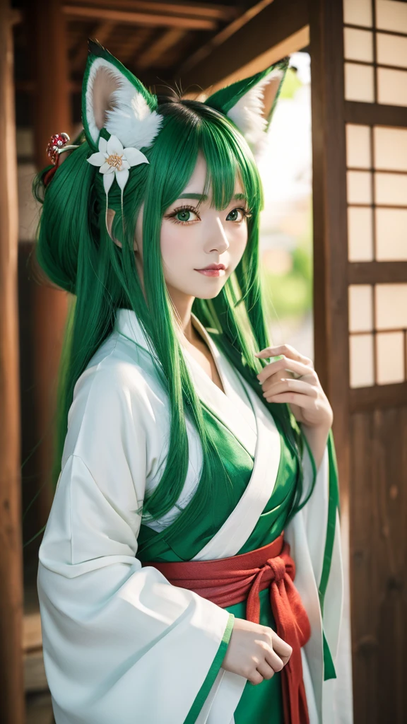 Green Hair、Fox ears、Japanese、Shrine maiden outfit、8k、3d