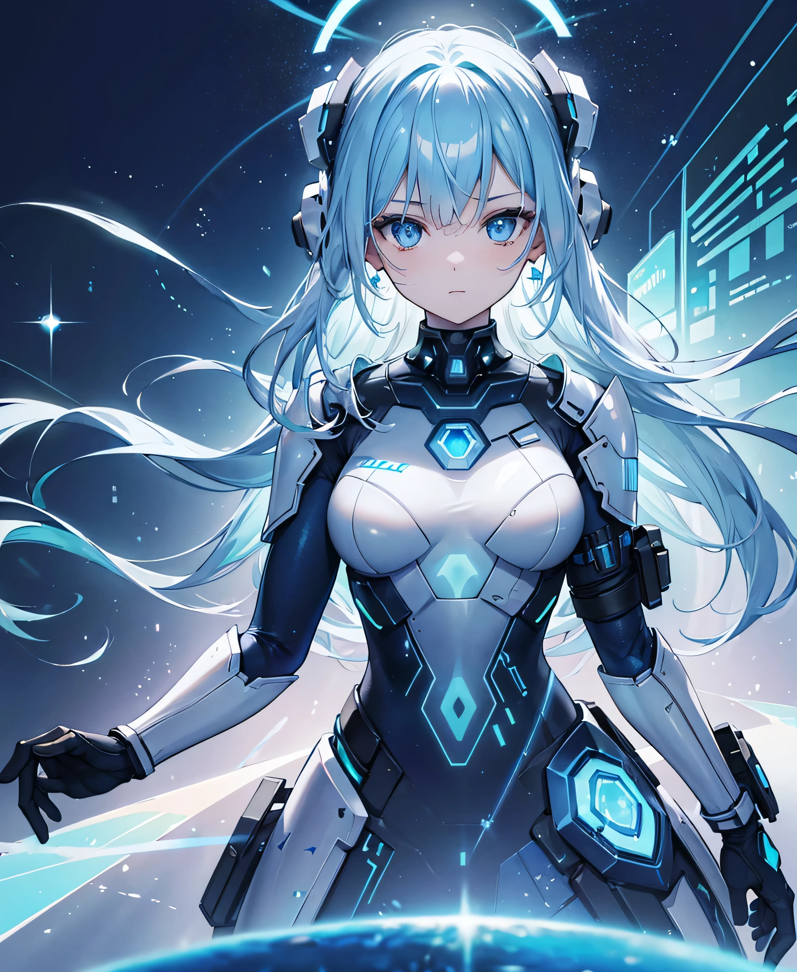 ((Holographic glow effect)),8k, Highest quality, (real:1.4), Original photo, 1 girl, Asari Hair, Biological Amplifier, refined armor, posture: Peace talks between warring factions, smart blue eyes,whole body