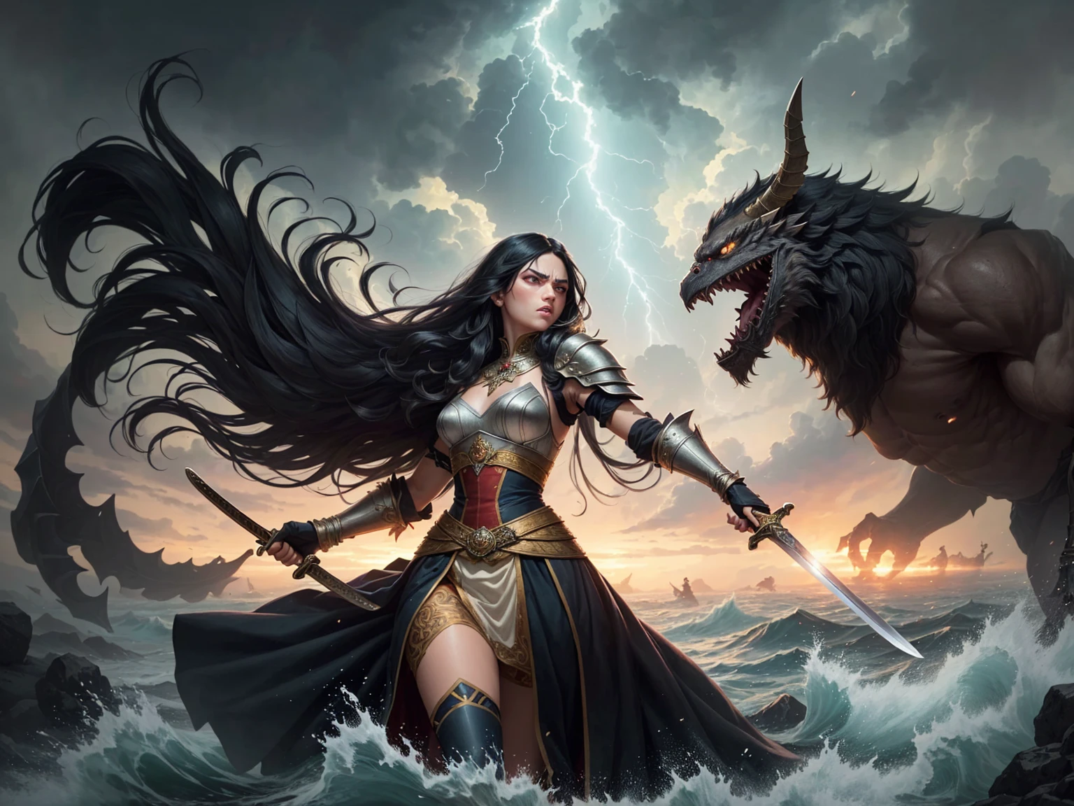 ((best quality)), ((masterpiece)), (detailed), A digital illustration of a furious queen with long black hair holding a sword and fighting off monsters in a stormy background. The women is wearing a queen traditional war attire