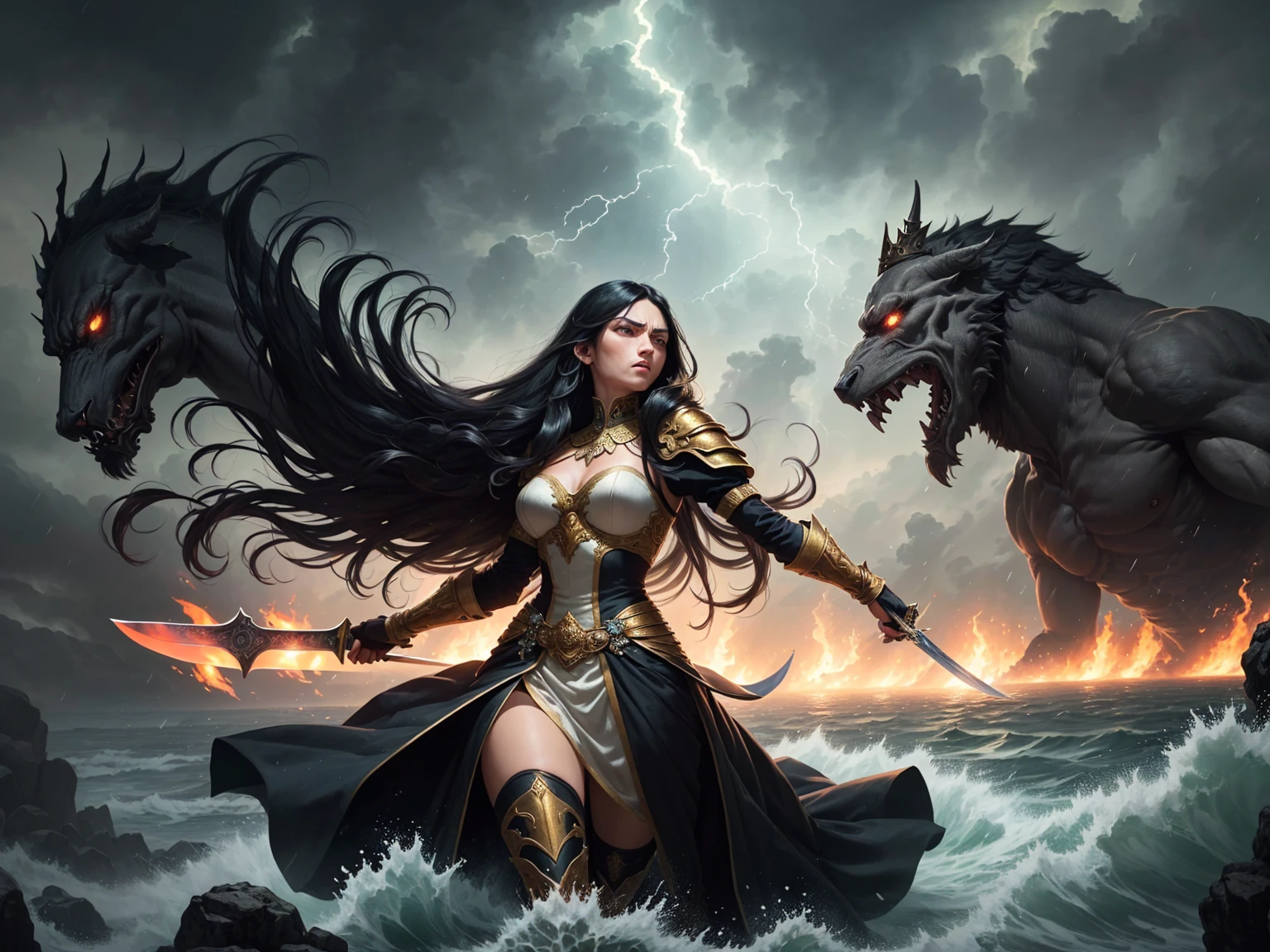((best quality)), ((masterpiece)), (detailed), A digital illustration of a furious queen with long black hair holding a sword and fighting off monsters in a stormy background. The women is wearing a queen traditional war attire