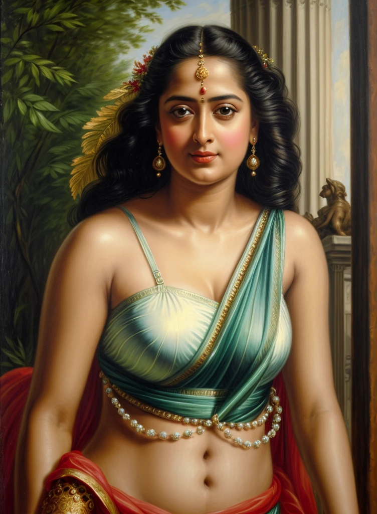 Looks like Anushka Shetty, Masterpiece, Best quality, high clarity eyes, thick figure, beautifully styled hair, critically flawless,sharp picture, Full portrait, High pixels, perfect face, perfect eyes, beautiful face, perfect hands,perfect fingers, in Peter Paul Rubens style, by Peter Paul Rubens, baroque style, acrylic on canvas, highly detailed, description: "Create a nymph inspired by the tales of Greek or Roman mythology, embodying the essence of a natural element or location, and possessing a unique ability or trait that sets her apart."