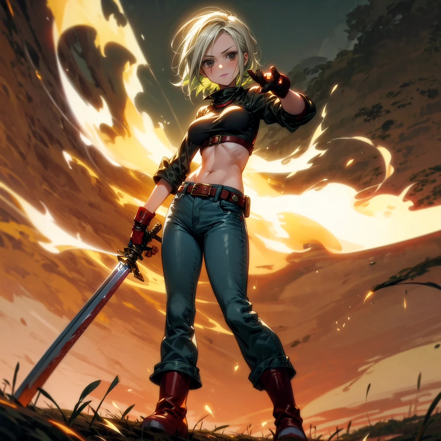 Solo character, full body version, girl, tall height, white half green color hair, black eyes, short hairstyle, crop top, gloves, long jeans, belt, bracelet, red boots, evening, field, Moonlight, standing gesture, sword in hand, Big breasts, glow effect in sword, glow effect, Fire effect, blood on Character, plaster on nose 