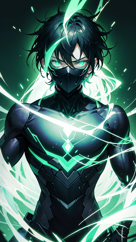 Generate a 2d Anime boy character in dark and green them with dark room in gaming lighting with awesome glow effect wearing a black body and black mask The Mask have unique design