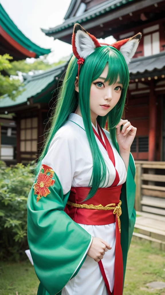 Green Hair、Fox ears、Japanese、Shrine maiden outfit、8k、3d