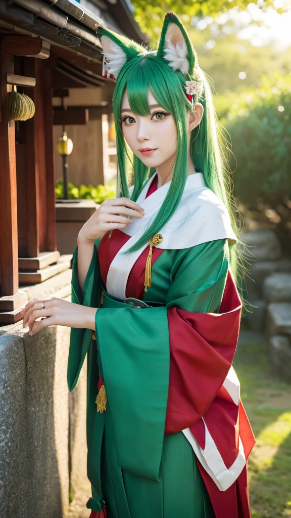 Green Hair、Fox ears、Japanese、Shrine maiden outfit、8k、3d