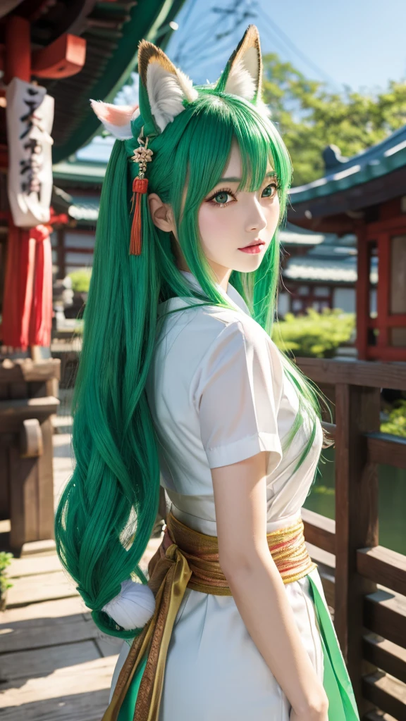 8k photo、F/1.8、A hyper-realistic、cannons、HDTV、A hyper-realistic、kawaii idol、((Live-action version『urusei yatsura』A beauty similar to a ram in)、((Urusei Yatsura Character Ram no Kaku 2))、slenderbody、17-year-old beautiful girl、、Green hair part、length hair、On the roof of a Japan house、No tiger ears,((fullnude))