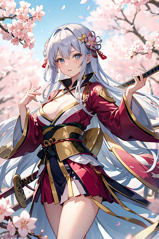 Kimono with fluttering chest、Cleavage、Thighs、、Holding a sword in one hand、Beautiful Girl Swordsman（（E Cup、Long silver hair）、Cherry blossom background