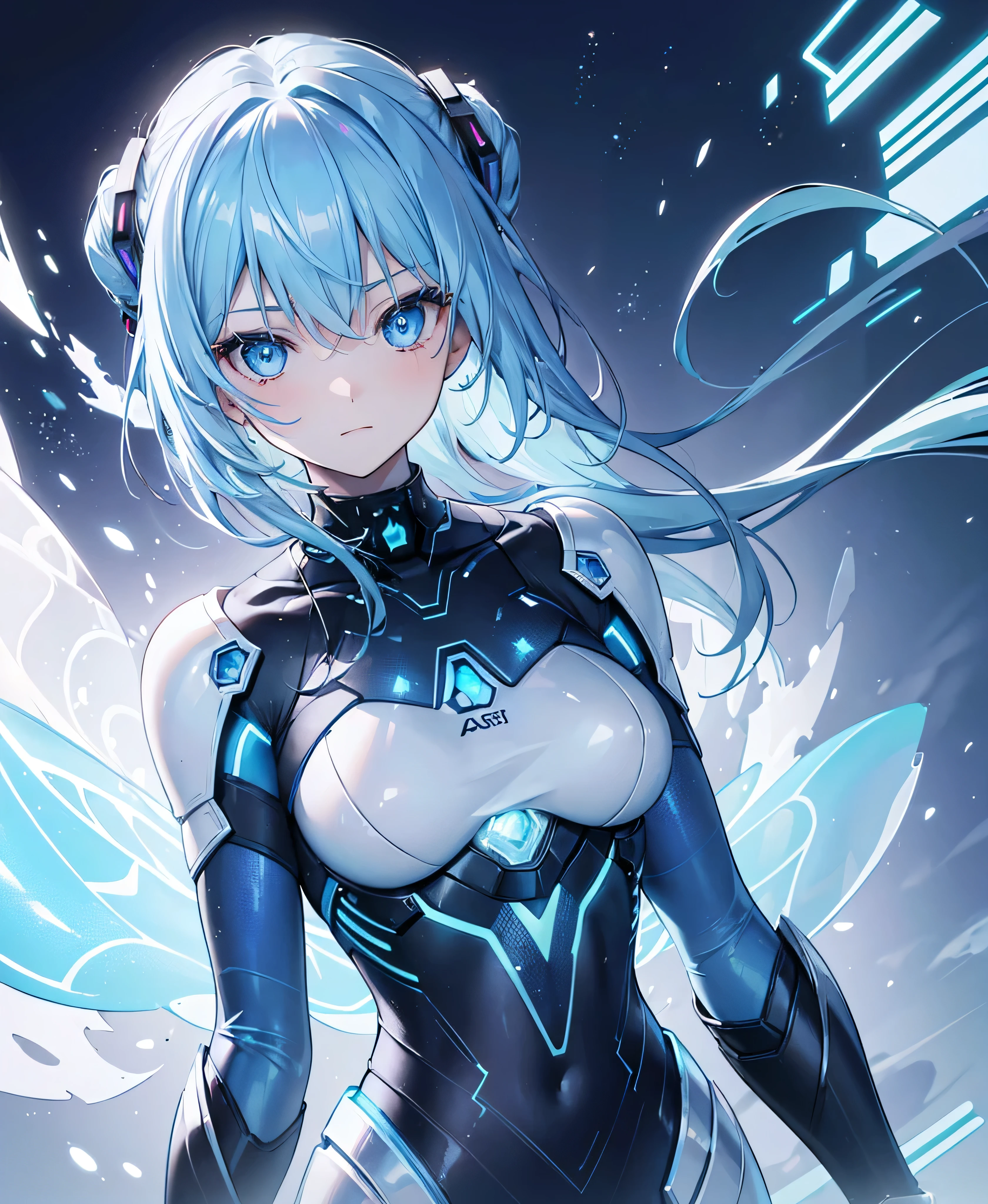 ((Holographic glow effect)),8k, Highest quality, (real:1.4), Original photo, 1 girl, Asari Hair, Biological Amplifier, refined armor, posture: Peace talks between warring factions, smart blue eyes,whole body