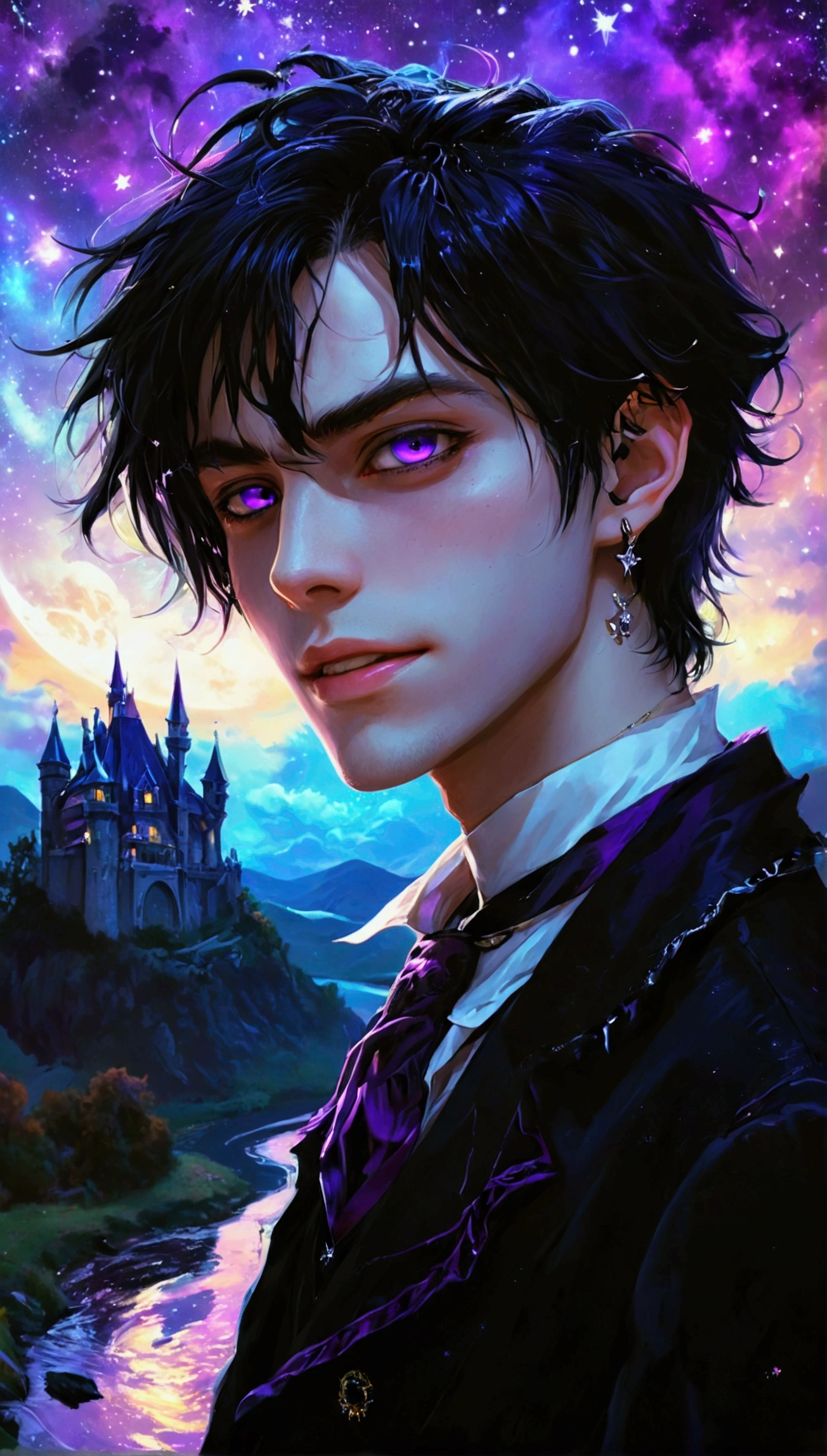 schoolboy,vampire,grinning, looking at viewer, hair between eyes, very long hair, straight hair, black hair, gradient hair, purple hair, odd eyes, with diamond-shaped irises, purple eyes, silver eyes, with a scar, wide-eyed, tsurime, pale skin, tall, slender, wiry, lanky, cape, suit, undone clothing, choker, nail polish, young adult, adult, Happy Scene, with a crescent moon, with a starry sky, with shooting stars, with a river, with a castle, at night, at midnight, dark fantasy, anime, bold, anthropomorphism, upper body, on right, moonlight,