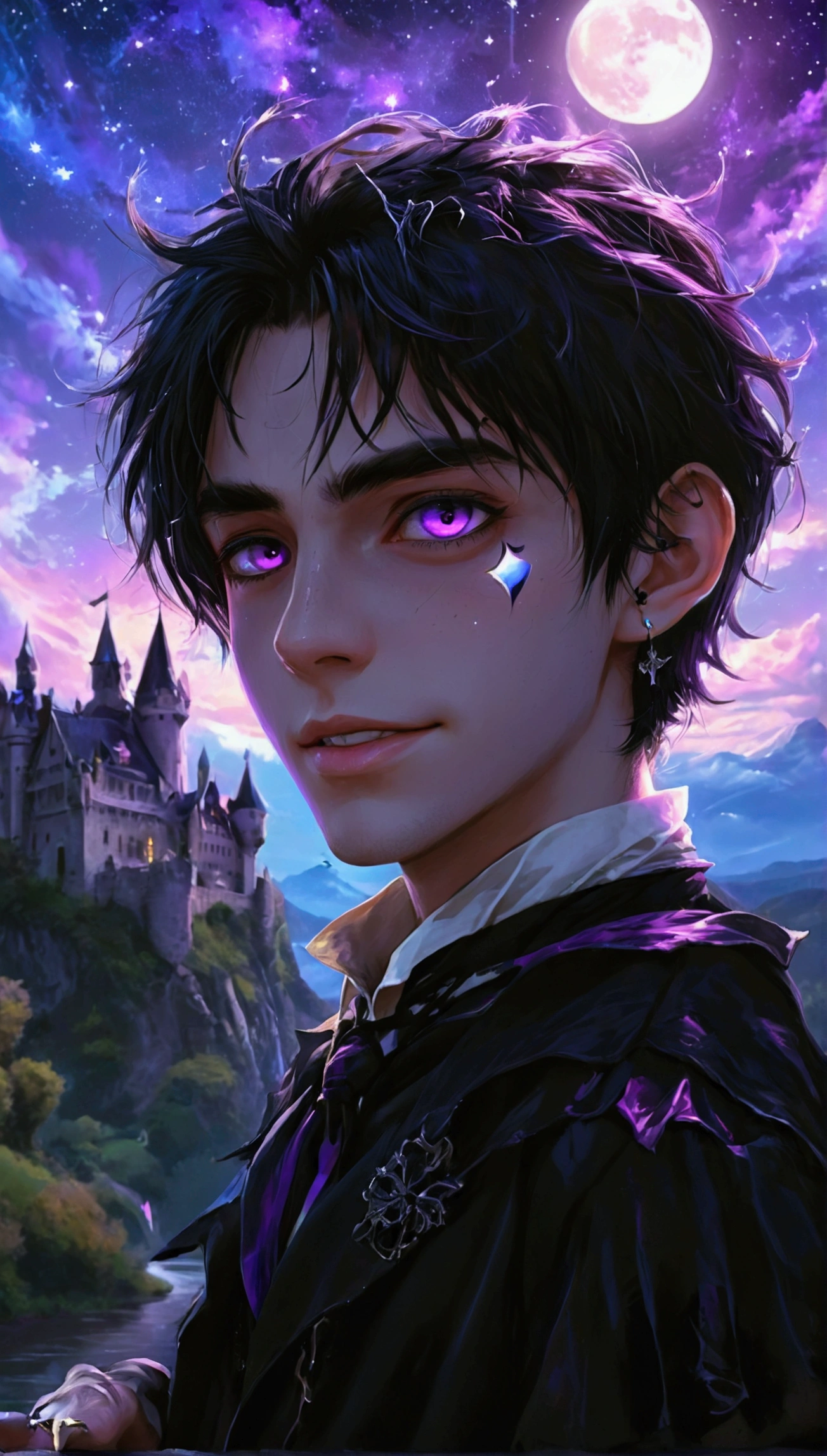 schoolboy,vampire,grinning, looking at viewer, hair between eyes, very long hair, straight hair, black hair, gradient hair, purple hair, odd eyes, with diamond-shaped irises, purple eyes, silver eyes, with a scar, wide-eyed, tsurime, pale skin, tall, slender, wiry, lanky, cape, suit, undone clothing, choker, nail polish, young adult, adult, Happy Scene, with a crescent moon, with a starry sky, with shooting stars, with a river, with a castle, at night, at midnight, dark fantasy, anime, bold, anthropomorphism, upper body, on right, moonlight,