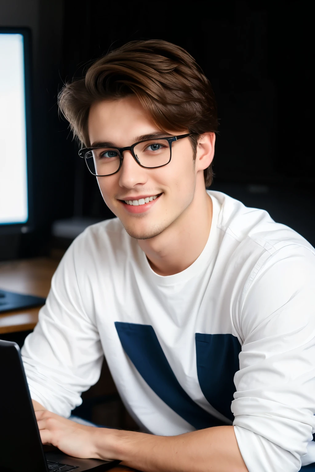 create portrait images of a 25-year-old Western guy (MC TV), handsome face with deep blue eyes and brown hair, little beard, charming smile, glasses, wearing a jacket, underneath white T-shirts, sitting center,  in front of is a laptop, bright studio background