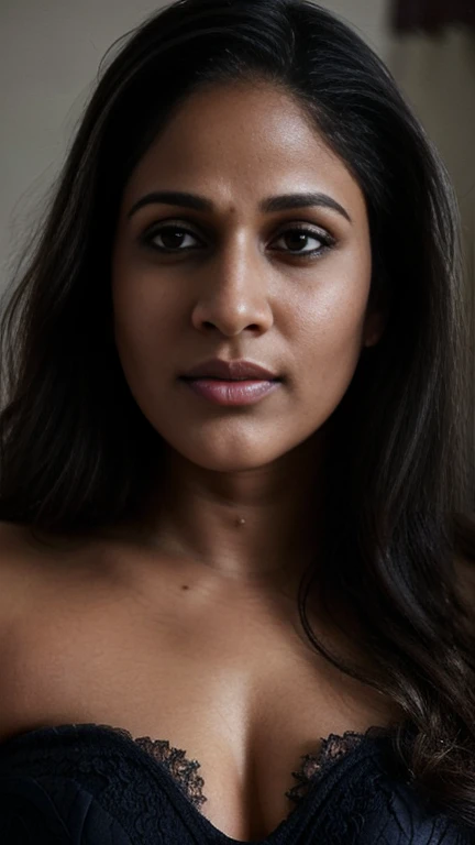 lavanya , closeup face, potrait, face close up, ((lace lingerie)), in bedroom, ultrarealsitic, body closeup, close up body shot, cleavage and navel, milf, looking at viewer, masterpiece, ultrarealistic, ((very fair skin tone)), free shaggy hair, high quality