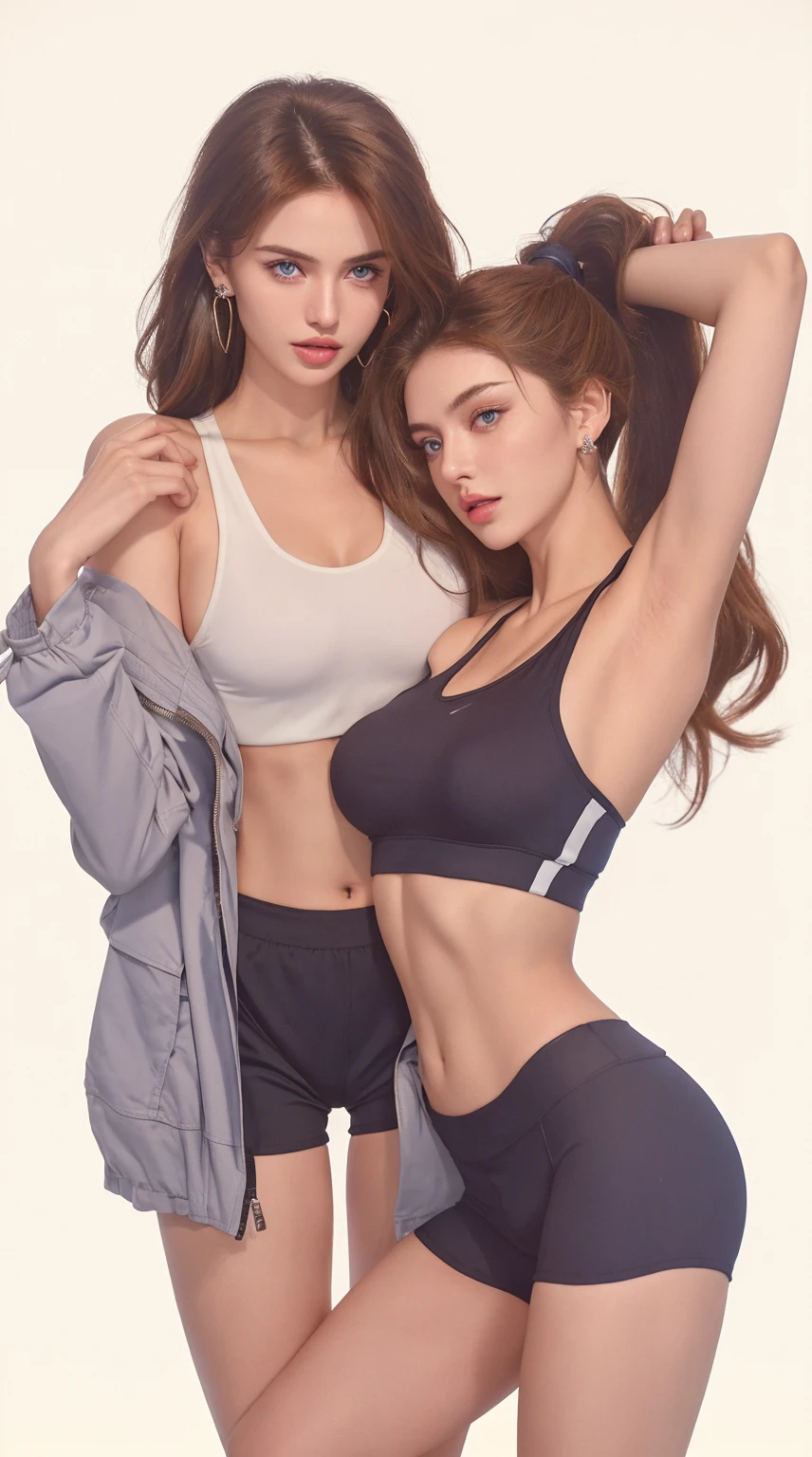 (hyperrealistic), (illustration), (high resolution), (8K), (extremely detailed), (best illustration), (beautiful detailed eyes), (best quality), (ultra-detailed), (masterpiece), (wallpaper), (detailed face), solo 1 girl, white wavy hair, korean, heterochromic eyes, small moles under the eyes, loose white shirt, yoga pants, big breasts, long legs, tight abs, camel toes, dynamic pose