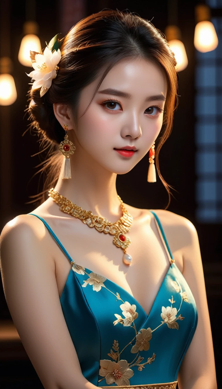 best quality, masterpiece, high resolution, 1 girl, China dress, Hair accessories, necklace, Jewelry, Pretty Face, physically, Tyndall effect, Practical, Dark Studio, Side Light, Two-color lighting, (High Detail Skin: 1.2), 8K UHD, Digital SLR Camera, Soft Light, high quality, Volumetric Light, frank, photo, high resolution, 4K, 8K, Background blur,
