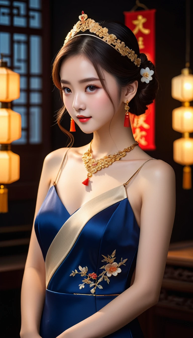 best quality, masterpiece, high resolution, 1 girl, China dress, Hair accessories, necklace, Jewelry, Pretty Face, physically, Tyndall effect, Practical, Dark Studio, Side Light, Two-color lighting, (High Detail Skin: 1.2), 8K UHD, Digital SLR Camera, Soft Light, high quality, Volumetric Light, frank, photo, high resolution, 4K, 8K, Background blur,