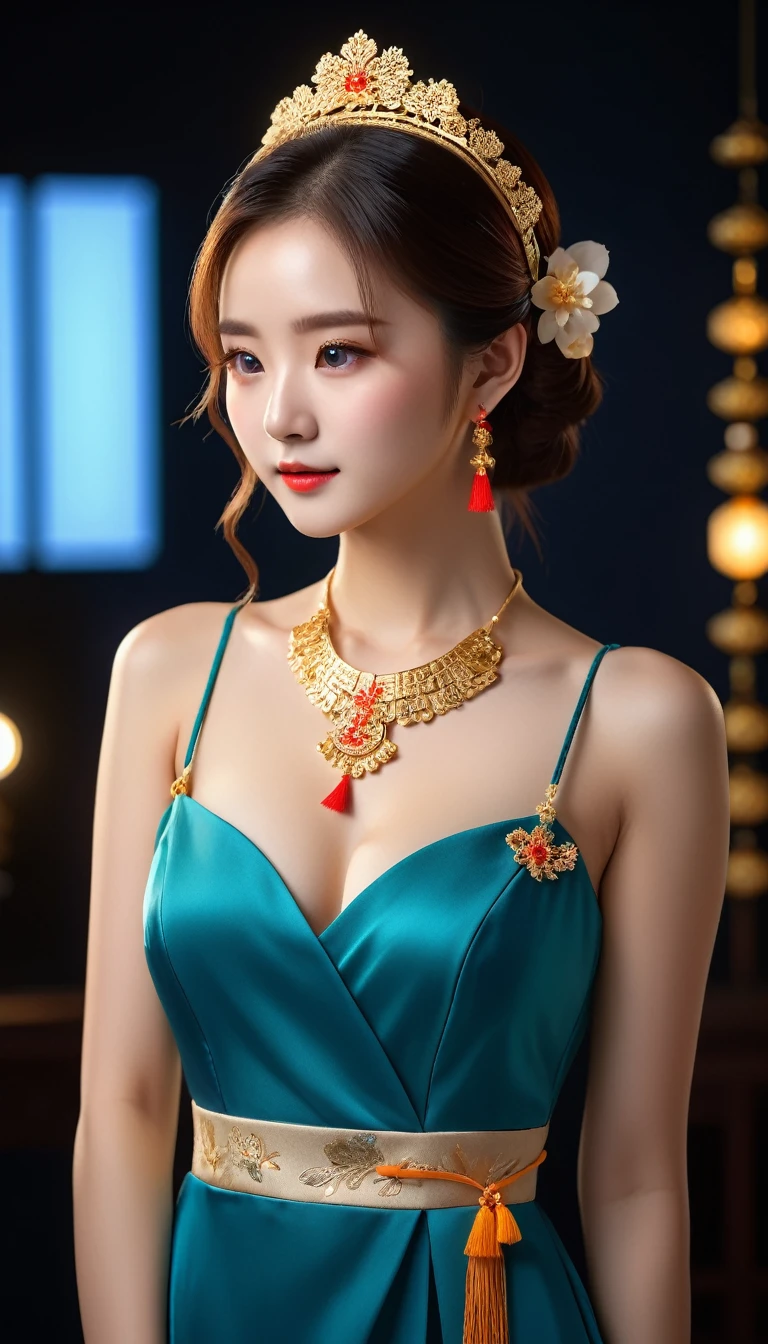 best quality, masterpiece, high resolution, 1 girl, China dress, Hair accessories, necklace, Jewelry, Pretty Face, physically, Tyndall effect, Practical, Dark Studio, Side Light, Two-color lighting, (High Detail Skin: 1.2), 8K UHD, Digital SLR Camera, Soft Light, high quality, Volumetric Light, frank, photo, high resolution, 4K, 8K, Background blur,