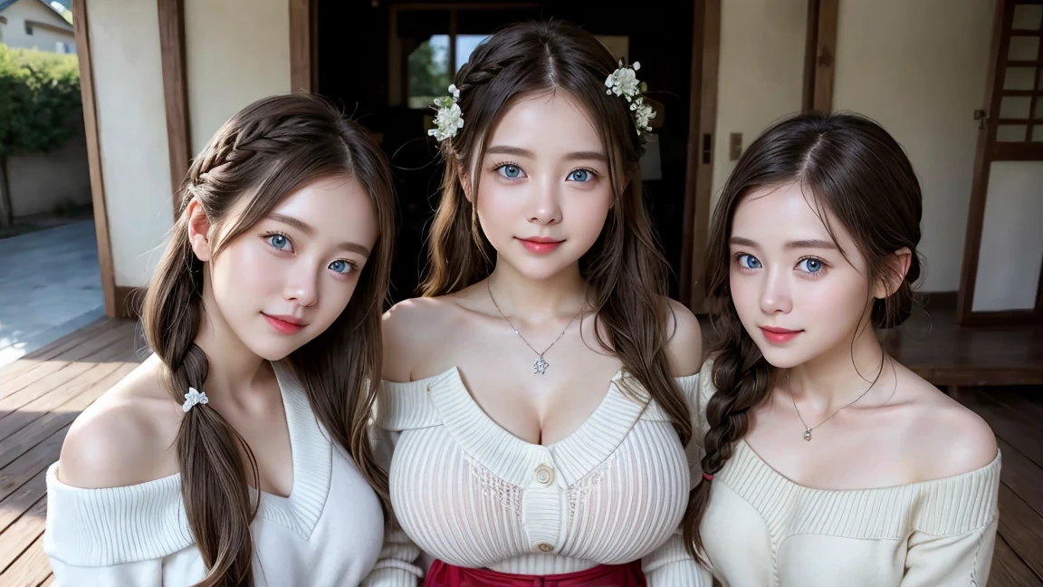 ( 3 girls),smile、Look into the camera、Diamond necklace、Braided hair, off-shoulder sweater、exposed upper arms、Extra long twin tail hair、Flower Hair Ornaments、 Masterpiece, Highest quality, 8ก, beautiful girl, young face、 photography, Cute face, thigh,wooden house,、รอยsmile、small waist, blue eyes(((The chest is erect.)))(((round chest)))(((big breasts:1.2)))