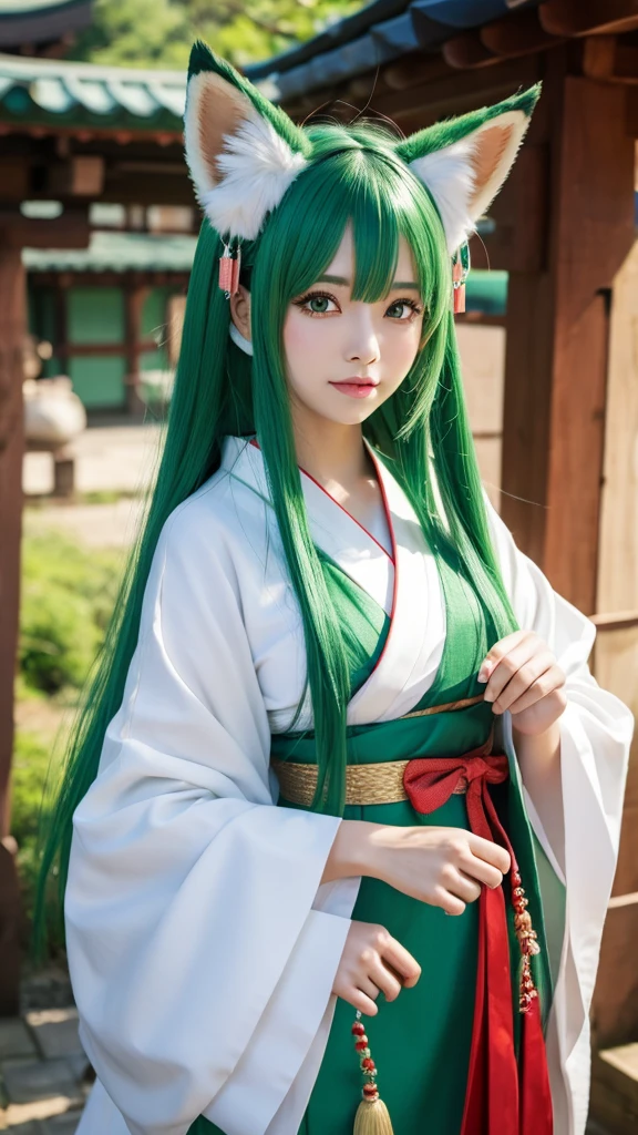 Green Hair、Fox ears、Japanese、Shrine maiden outfit、8k、3d、cute