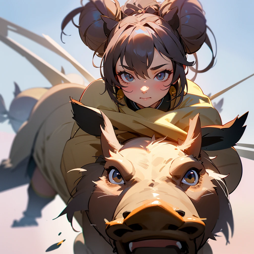 Character Settings：A girl with a boar motif teleported to a downtown area 1. Appearance： - Hairstyle：Two big round buns on top of the head。These are modeled after the realistic shape of a boar&#39;s face.。The surface of the dumpling has a slightly hairy texture.、More boar-like appearance。 - Hair color：The base is dark brown、Contains striking reddish brown highlights。 - clothing：She is wearing Ainu clothing with a boar fur motif.。It has a mottled pattern。The hem and sleeves of the dress are fluffy.、It reminds me of the fur of a boar.。 2. accessories： - necklace：A white pendant resembling a small boar&#39;s tusk。 - Bracelets：A brown leather bracelet with small boar&#39;s hoof charms。 - ヘアaccessories：A boar&#39;s ear-shaped hairpin used to secure the bun。 3. Pose and expression： - Posture：Leaning forward a little、Be wary of your surroundings。 -expression：A look of surprise and alarm。Eyes Wide Open、4. They are threatening others.. Background and Circumstances： - setting：Suddenly teleported to the center of a busy downtown area。 - Reactions from others：Passersby stare at her in amazement.。 - Contrast：A wild girl reminiscent of animals in nature、A scene composed to highlight the contrast of the modern cityscape。 5. The details： - Around the Girl、Small light particles and fog-like effects that indicate the moment you teleport。 - The hem of the dress flutters in the wind、It gives the impression of boar hair standing on end。 - At her feet、There are a few fallen leaves and twigs scattered around, reminiscent of the forests back home.。 24 years old,nsfw,one woman,tattered clothes,on all fours,squatting,muscular,beautiful face,small eyes,sharp eyes,angry,surprised face,scared face,excited,stern expression,glare at,crowd of people,anime style,high quality,illustration,masterpiece,japanese、Distraught、panic、Puzzled、Tattered clothes、Wild 、wild、The hustle and bustle、crowd、Clothes are the place々Defeated、Exposed Skin、The background is detailed