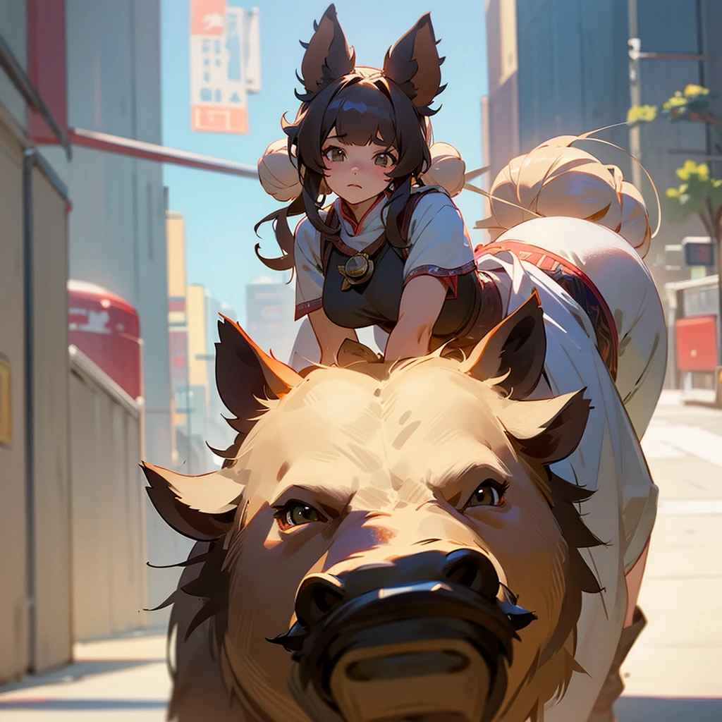 Character Settings：A girl with a boar motif teleported to a downtown area 1. Appearance： - Hairstyle：Two big round buns on top of the head。These are modeled after the realistic shape of a boar&#39;s face.。The surface of the dumpling has a slightly hairy texture.、More boar-like appearance。 - Hair color：The base is dark brown、Contains striking reddish brown highlights。 - clothing：She is wearing Ainu clothing with a boar fur motif.。It has a mottled pattern。The hem and sleeves of the dress are fluffy.、It reminds me of the fur of a boar.。 2. accessories： - necklace：A white pendant resembling a small boar&#39;s tusk。 - Bracelets：A brown leather bracelet with small boar&#39;s hoof charms。 - ヘアaccessories：A boar&#39;s ear-shaped hairpin used to secure the bun。 3. Pose and expression： - Posture：Leaning forward a little、Be wary of your surroundings。 -expression：A look of surprise and alarm。Eyes Wide Open、4. They are threatening others.. Background and Circumstances： - setting：Suddenly teleported to the center of a busy downtown area。 - Reactions from others：Passersby stare at her in amazement.。 - Contrast：A wild girl reminiscent of animals in nature、A scene composed to highlight the contrast of the modern cityscape。 5. The details： - Around the Girl、Small light particles and fog-like effects that indicate the moment you teleport。 - The hem of the dress flutters in the wind、It gives the impression of boar hair standing on end。 - At her feet、There are a few fallen leaves and twigs scattered around, reminiscent of the forests back home.。 24 years old,nsfw,one woman,tattered clothes,on all fours,squatting,muscular,beautiful face,small eyes,sharp eyes,angry,surprised face,scared face,excited,stern expression,glare at,crowd of people,anime style,high quality,illustration,masterpiece,japanese、Distraught、panic、Puzzled、Tattered clothes、Wild 、wild、The hustle and bustle、crowd、Clothes are the place々Defeated、Exposed Skin、The background is detailed