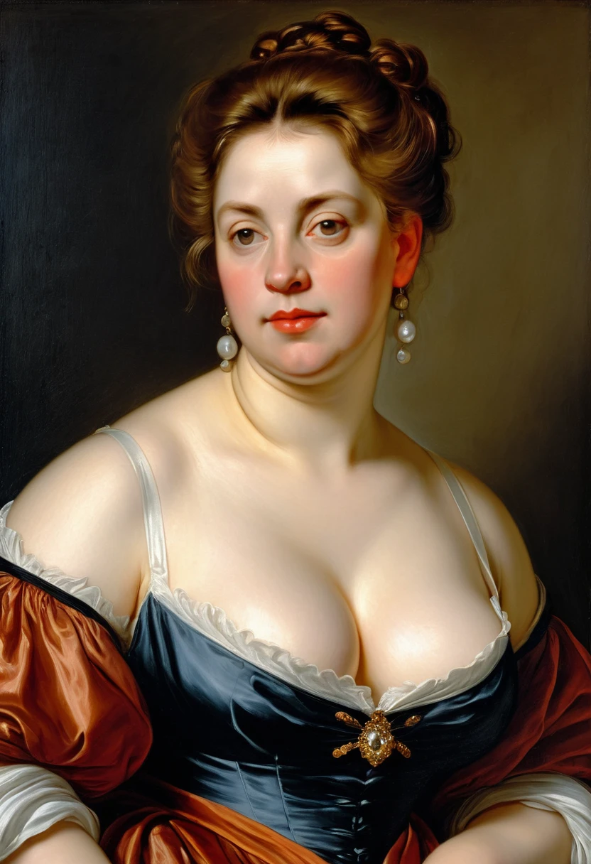 portrait painting of a thick Beautiful middle aged woman, extremely gorgeous, wearing a Victorian Camisole dress or chemise, deep cleavage, by Peter Paul Rubens, in Peter Paul Rubens style, by Caravaggio, intricate, flawless, masterpiece, Best quality, by peter paul rubens