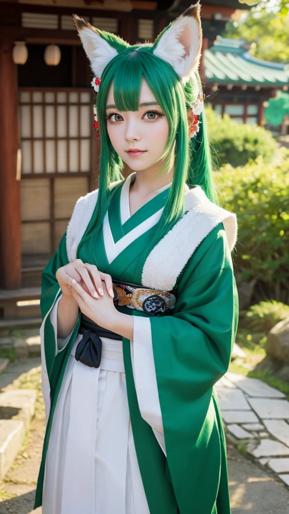 Green Hair、Fox ears、Japanese、Shrine maiden outfit、8k、3d、cute