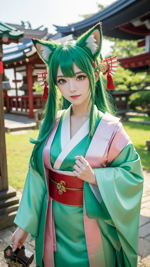 Green Hair、Fox ears、Japanese、Shrine maiden outfit、8k、3d、cute