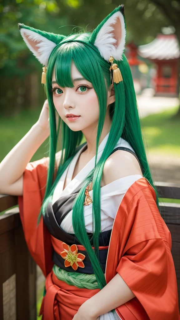 Green Hair、Fox ears、Japanese、Shrine maiden outfit、8k、3d、cute