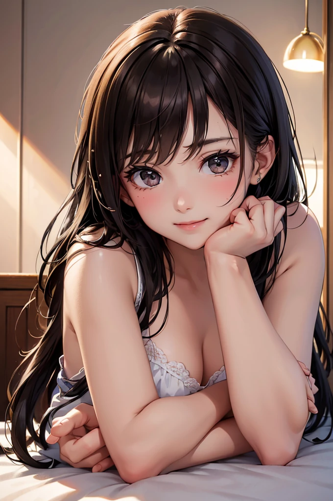 Best Quality,High resolution,8k,finelity detailed background,Masterpiece:1.2),beautiful girl,Shiny brown hair,messy hair,Beautiful brown eyes,Gentle look,A refreshing look,smile,Best quality,Best Quality,Aesthetic and aesthetic:1.2,Best details((Super detailed))(High-definition CG illustrations),black nightgown,Slender body,night,moon,Bedroom,On the bed,smile,blush,cute,Scrounge,Looking up,Being spoiled,super model,wariza,shoot from,below
