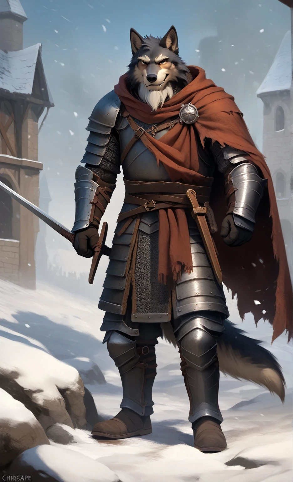 Solo, smug, friendly and stern looking, Solo anthro furry wolf medieval knight, he has dark grey and white fur, he has big white brows, he has long wizard furr beard, , he has long wizard furr beard, , he has long wizard furr beard, he is wearing heavy knight medieval old worn out rusted plate armor and a navy blue nlue blue blue medieval dirty worn out old cloak, he is holding a medieval sword, in blizzard battle nqdscape, masterpiece digital painting, digital painting, full heavy iron plate armor, full medieval knight armor, full knight armor, heavy iron iron iron plate armor