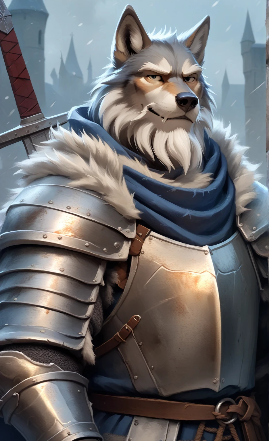 Solo, smug, friendly and stern looking, Solo anthro furry wolf medieval knight, he has dark grey and white fur, he has big white brows, he has long wizard furr beard, , he has long wizard furr beard, , he has long wizard furr beard, he is wearing heavy knight medieval old worn out rusted plate armor and a navy blue nlue blue blue medieval dirty worn out old cloak, he is holding a medieval sword, in blizzard battle nqdscape, masterpiece digital painting, digital painting, full heavy iron plate armor, full medieval knight armor, full knight armor, heavy iron iron iron plate armor

