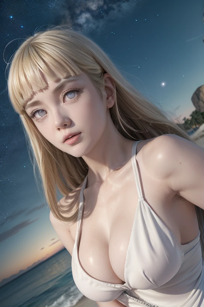 Hinata from naruto, realistic, age 25, extreme pure white skin, white eyes, blonde long bangs, hair, white cropped ancient egypt dress, perfect face, perfect shape body, large breasts, 3d, on a beach, mid night sky