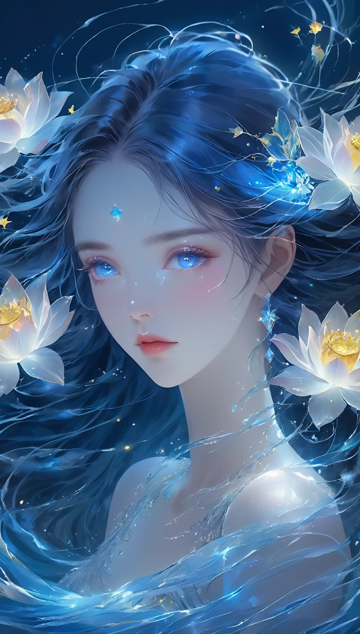 Seven part photos, masterpiece, best quality, Official Art, Extremely detailed CG 8k wallpaper,(Flying petals)(Detailed ice) , water晶质感皮肤, Cold expression, White hair, Long hair, Messy hair, blue eyes, Looking at the audience, Extremely refined, water, ((Beautiful and delicate eyes)), Very detailed, light,((Pretty Face),fine water surface, (Original figure painting), Very detailed, Very detailed, (Extremely refined), Beautiful and delicate eyes,Imagine a glass woman, Her exquisite figure is like a work of art, Crying under the stars. The blue night enveloped her, A melancholy light enveloped her graceful figure. Her glass Body Glows with bright blue hues, Every line and curve is engraved with intricate detail. The glass in her eyes reflects the twinkling stars, Embodying the infinite depth and emotion of the universe. Her sadness is beyond words, But her beautiful figure remains unaffected, Proof of the extraordinary power of emotion. This 4K glass woman is a delicate painting of light and shadow, color, and feeling, arrive,Body Glow,Glowing Line,Fluorescence,Glow Example,Tracking Example,flash,萤Light Particles,Backlight,translucent,Light Particles,Correct human anatomy,