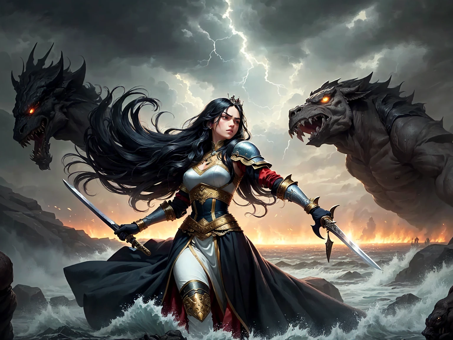 ((best quality)), ((masterpiece)), (detailed), A digital illustration of a furious queen with long black hair holding a sword and fighting off monsters in a stormy background. The women is wearing a queen traditional war attire