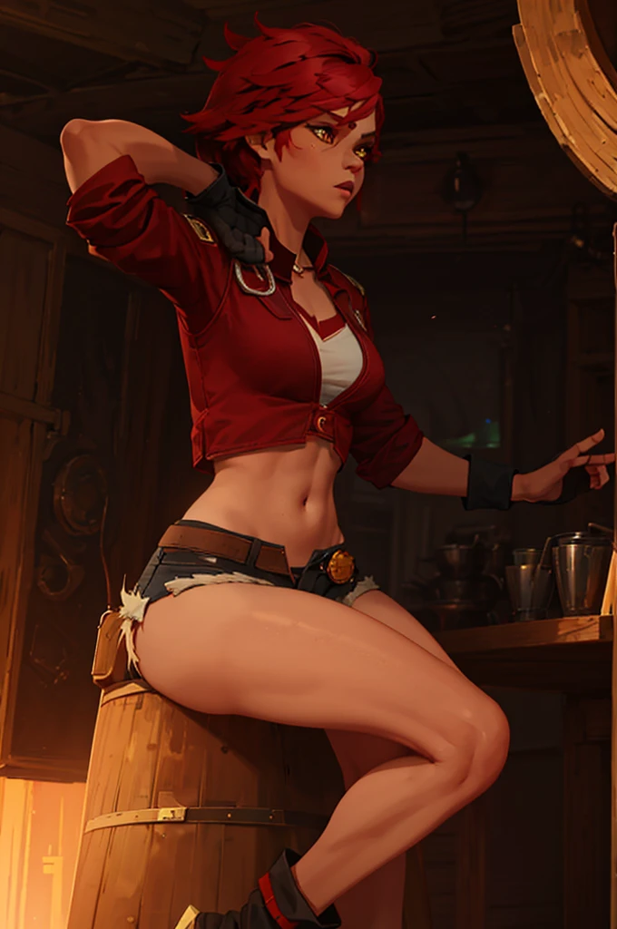 Tanned skin woman character, strong body exercised, somewhat large bust and thighs, very short tousled black and red hair, orange eyes with red, wearing a dark jean jacket, a red shirt with gold touches, some black shorts with ripped midsections, somewhat wide coffee boots, black fingerless gloves