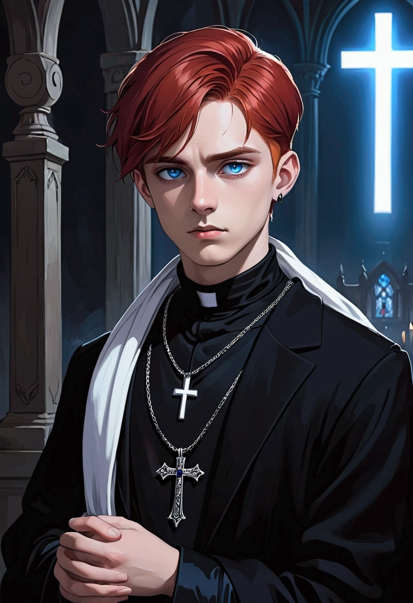 ((Artwork, 8K, Low light)) 1 boy, 19 years old, red hair color, dark blue eyes iris color, wearing a black priest outfit, with white scarf, silver cross necklace, serious look, wearing headphones.