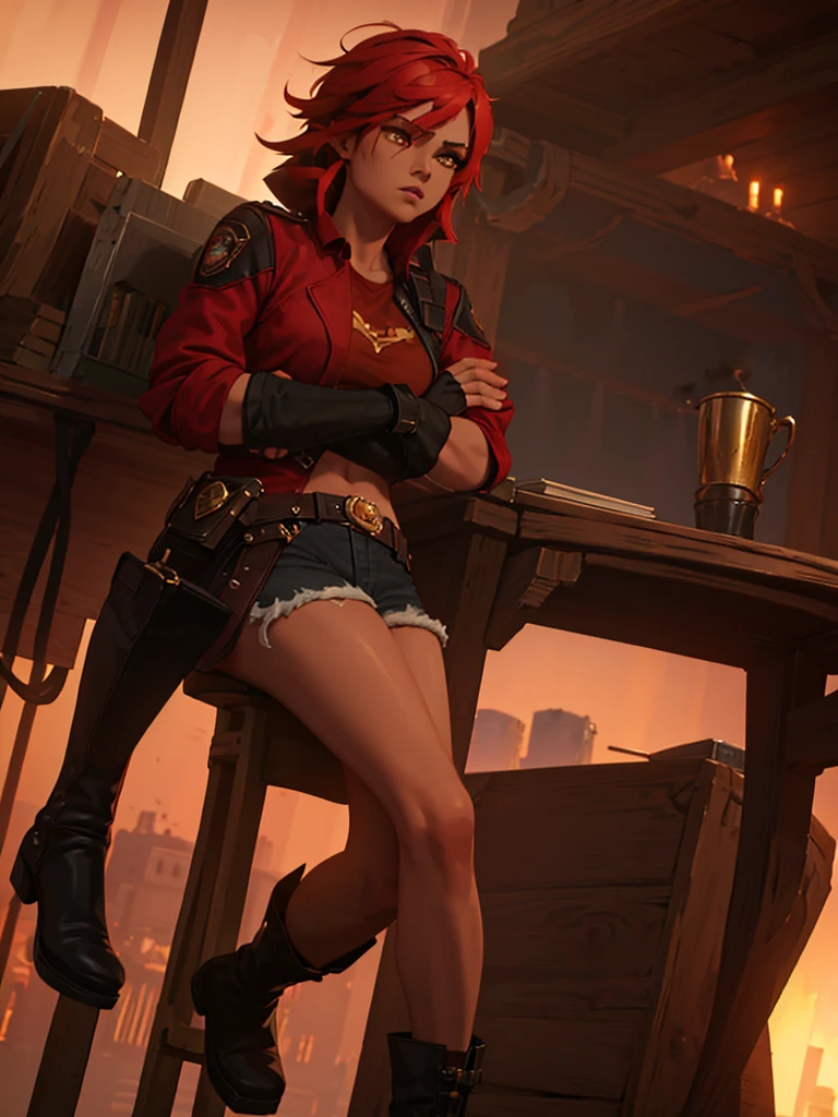 Tanned skin woman character, strong body exercised, large bust and thighs, very short tousled black and red hair, orange eyes with red, wearing a dark jean jacket, a red shirt with gold touches, some black shorts with ripped midsections, somewhat wide coffee boots, black fingerless gloves, crossed arms, 
