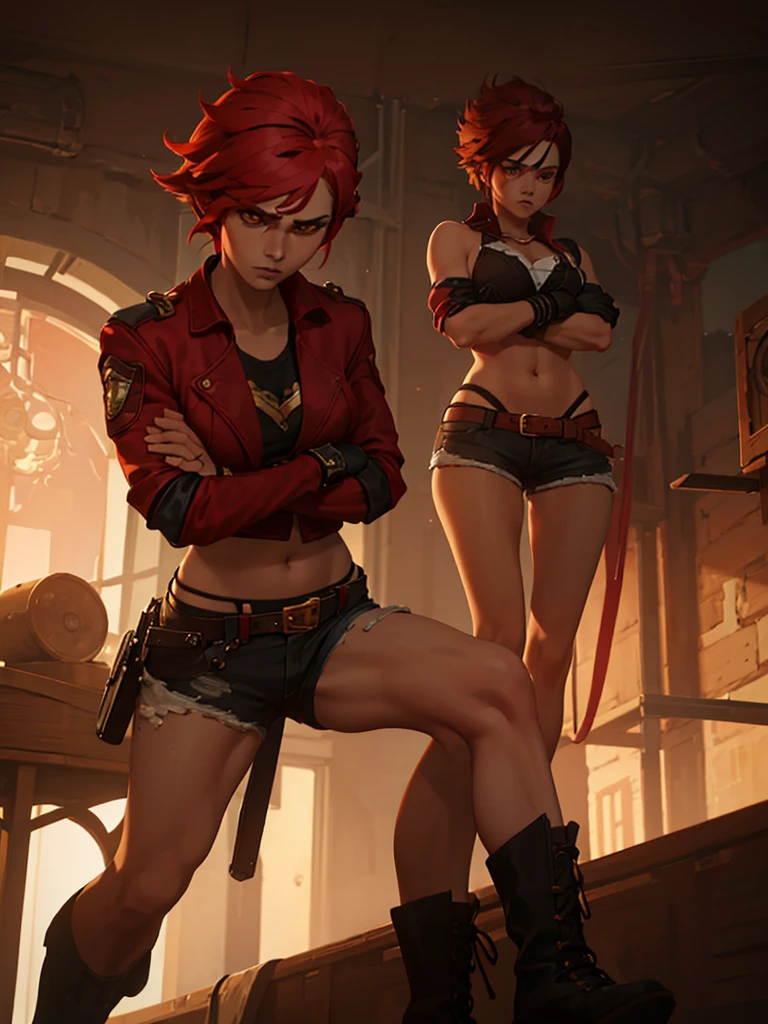 Tanned skin woman character, strong body exercised, somewhat large bust and thighs, very short tousled black and red hair, orange eyes with red, wearing a dark jean jacket, a red shirt with gold touches, some black shorts with ripped midsections, somewhat wide coffee boots, black fingerless gloves, crossed arms, 