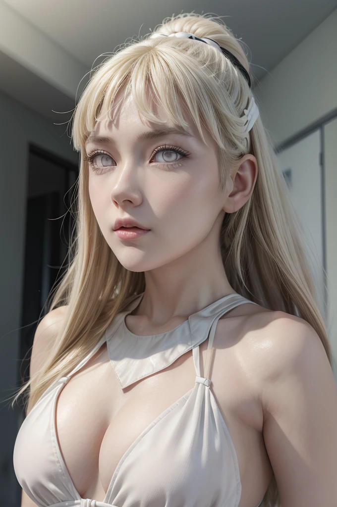 Hinata from naruto, realistic, age 25, extreme pure white skin, white eyes, blonde long hair, hair, white cropped ancient egypt dress, perfect face, perfect shape body, large breasts, 3d