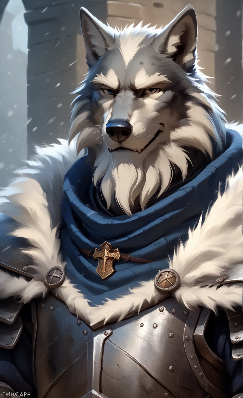 Solo, smug, friendly and stern looking, Solo anthro furry wolf medieval knight, he has dark grey and white fur, he has big white brows, he has long wizard furr beard, , he has long wizard furr beard, , he has long wizard furr beard, he is wearing heavy knight medieval old worn out rusted plate armor and a navy blue nlue blue blue medieval dirty worn out old cloak, he is holding a medieval sword, in blizzard battle nqdscape, masterpiece digital painting, digital painting, full heavy iron plate armor, full medieval knight armor, full knight armor, heavy iron iron iron plate armor

