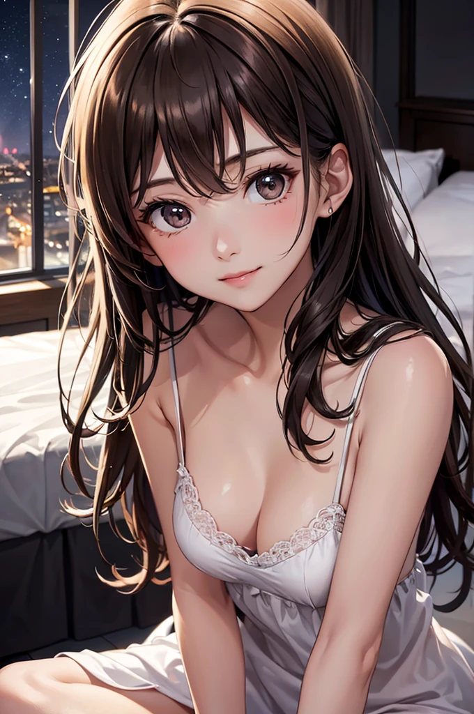 Best Quality,High resolution,8k,finelity detailed background,Masterpiece:1.2),beautiful girl,Shiny brown hair,messy hair,Beautiful brown eyes,Gentle look,A refreshing look,smile,Best quality,Best Quality,Aesthetic and aesthetic:1.2,Best details((Super detailed))(High-definition CG illustrations),black nightgown,Slender body,night,moon,Bedroom,On the bed,smile,blush,cute,Scrounge,Looking up,Being spoiled,super model,wariza,shoot from,below