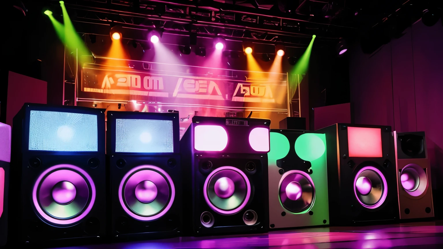 create a stage with 70s style speakers, big boxes, sound equipment, equalizers, dj sound tables, no figures in the environment., stage lights beeping and flashing,