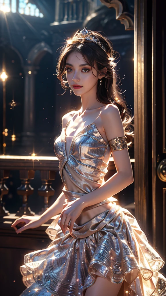 8K, UHD, Masterpiece, extreme quality, 1 girl, good face, detailed eyes, very long hair, detailed lips, small breasts, detailed empress fantasy dress, silver fantasy dress, ((glowing dress:1.4)), lace, (bare waist:1.5), flowing sardine, beautiful fantasy, fantasy empress, beautiful alluring Realistic art,  shining skin, in the balcony, Realistic shadow, depth of field, ray tracing, god rays, bloom, bokeh effect,