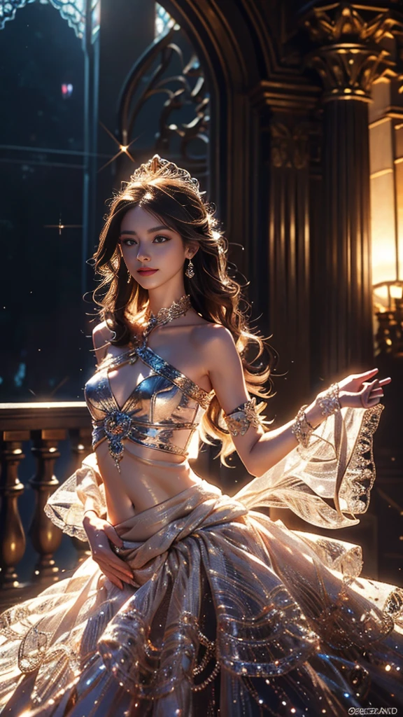 8K, UHD, Masterpiece, extreme quality, 1 girl, good face, detailed eyes, very long hair, detailed lips, small breasts, detailed empress fantasy dress, silver fantasy dress, ((glowing dress:1.4)), lace, (bare waist:1.5), flowing sardine, beautiful fantasy, fantasy empress, beautiful alluring Realistic art, shining skin, in the balcony, Realistic shadow, depth of field, ray tracing, god rays, bloom, bokeh effect,
