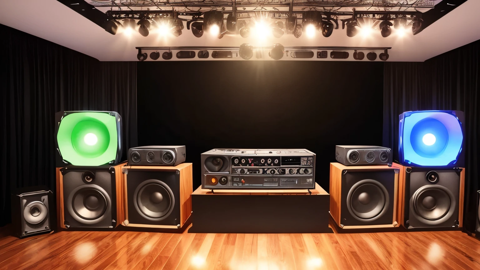 create a stage with 70s style speakers, big boxes, sound equipment, equalizers, dj sound tables, no figures in the environment., stage lights beeping and flashing,