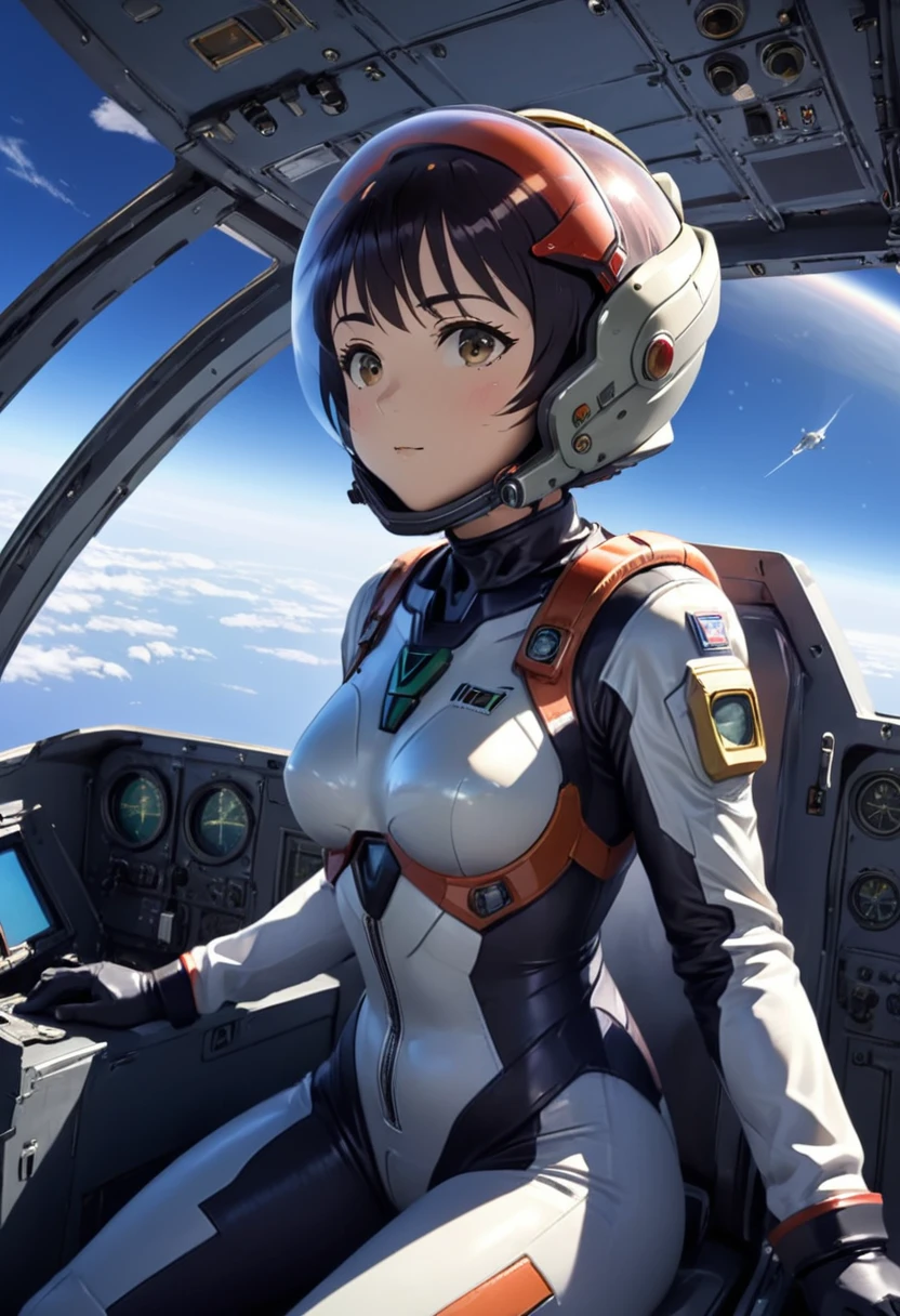 ((Female pilot in the cockpit of a reconnaissance plane), (airplane cockpit), (in flight), (10000 feet altitude)、(sky view):1.7),, short hair, street, emo, BLACK hair, white eyes, eyeliner, apocalypse, girl, nside the (cockpit:1.9) of a (futuristic spaceship:1.6), , blush,sitting on a chair, covered navel, space helmet, muvluv, space helm, plug suit , space helmet, eva helm, space suit, short hair, from below, from side
